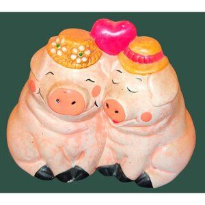 Ceramic Piggy Bank Couple Figurine With Heart Hat Vintage Enesco